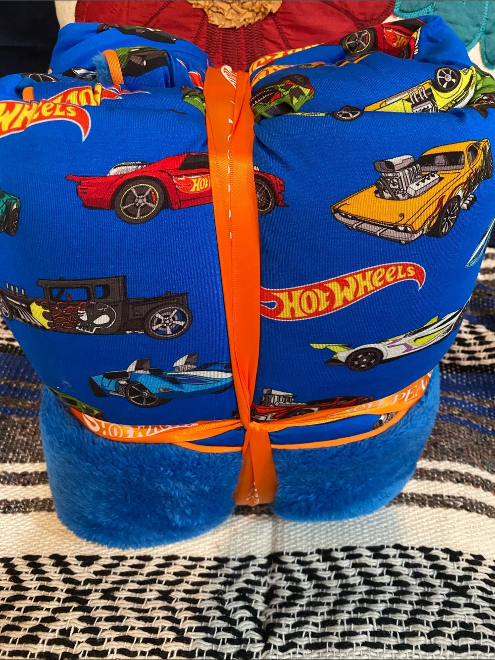 Posh Peanut Bright Blue Hot Wheels Kids Blanket Set with Orange Accents - Picture 4 of 8